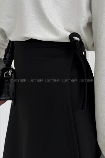 Lamelif Scuba Yandan Bağlamalı Çan Etek Siyah