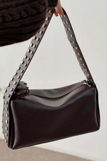 Lamelif Gümüş Nokta Detaylı Kadın Yumuşak Deri Kadın Çanta Acı Kahve