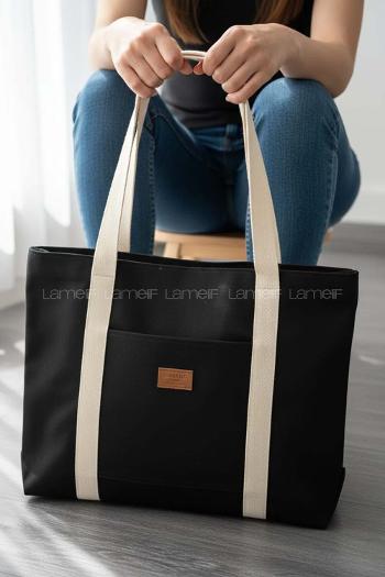 Lamelif Kadın Kanvas Büyük Boy Kol Ve Omuz Çantası Fermuarlı Siyah