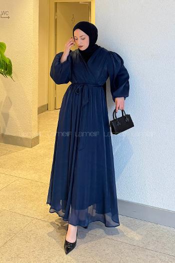 Lamelif Balon Kol Organze Elbise Lacivert