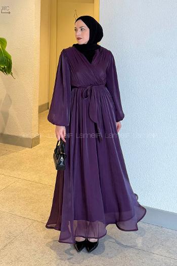 Lamelif Balon Kol Organze Elbise Mor