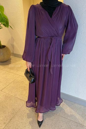 Lamelif Balon Kol Organze Elbise Mor