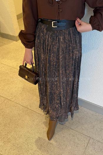 Lamelif Baskılı Etek Acı Kahve