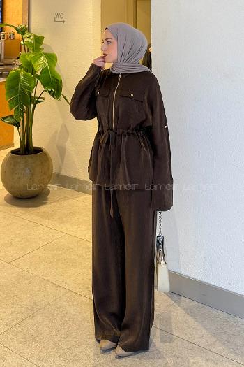 Lamelif Pantolonlu Takım Kahverengi