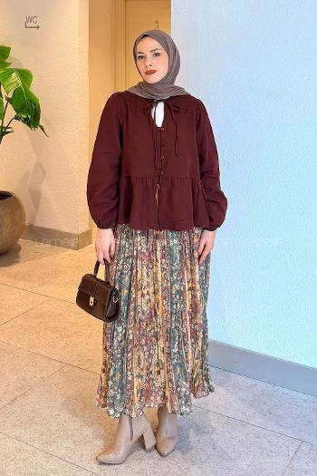 Lamelif V Yaka Kolları Lastikli Müslin Tesettür Gömlek Bordo