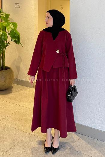 Lamelif Yan Bağlama Detaylı Etekli Takım Bordo