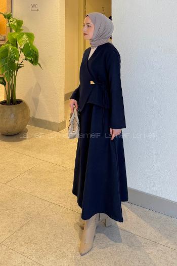 Lamelif Yan Bağlama Detaylı Etekli Takım Lacivert