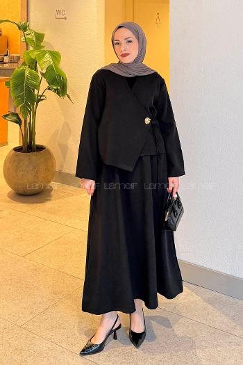 Lamelif Yan Bağlama Detaylı Etekli Takım Siyah