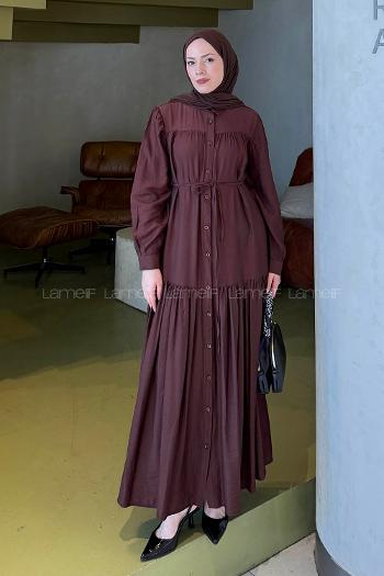 Lamelif Bağlama Detaylı Tesettür Elbise Acı Kahve