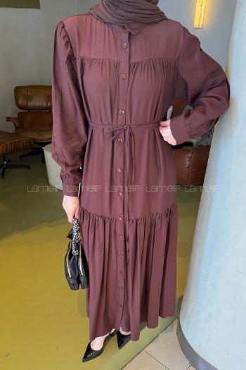 Lamelif Bağlama Detaylı Tesettür Elbise Acı Kahve