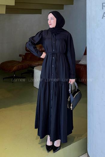 Lamelif Bağlama Detaylı Tesettür Elbise Siyah