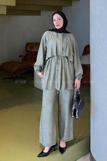 Khaki Neckband Long Arm Viscose Fabric Regular Trousers Comfortable Suit