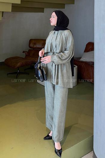 Khaki Neckband Long Arm Viscose Fabric Regular Trousers Comfortable Suit