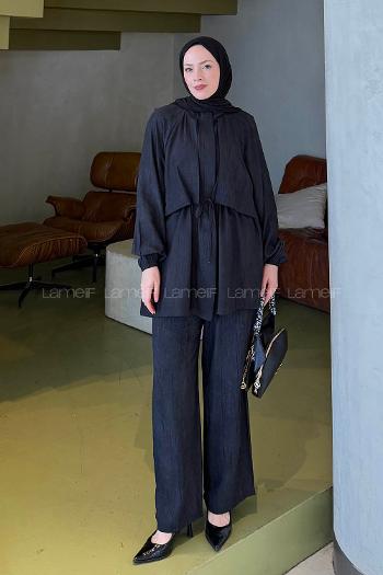 Black Neckband Long Arm Viscose Fabric Regular Trousers Comfortable Suit