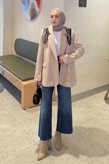 Lamelif Fular Detaylı Blazer Ceket Taş Rengi