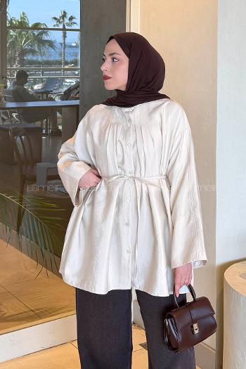 Lamelif Önü Pensli Tesettür Gömlek Krem