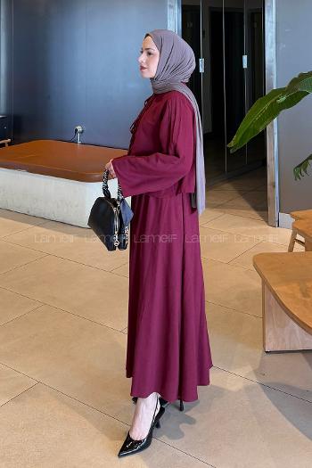 Claret Red Crew Neck Long Arm Linen Flared Skirt Suit