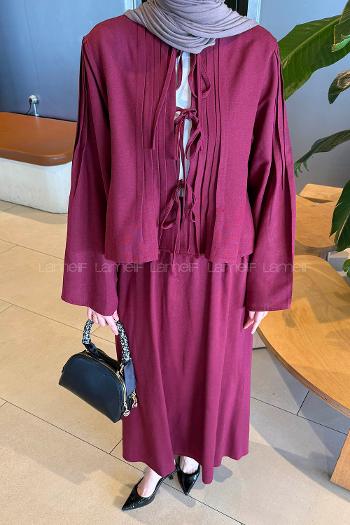 Claret Red Crew Neck Long Arm Linen Flared Skirt Suit