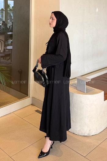 Black Crew Neck Long Arm Linen Flared Skirt Suit