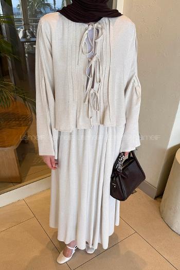 Stone Crew Neck Long Arm Linen Flared Skirt Suit
