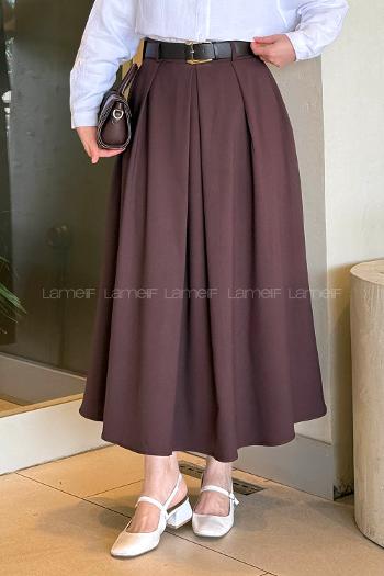 Lamelif Poliviskon Kemerli Etek Kahverengi