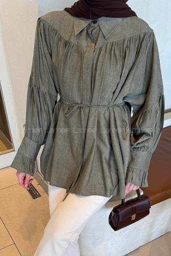Khaki Shirt Collar Long Arm Viscose Fabric Shirt