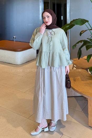 Lamelif V Yaka Kolları Lastikli Müslin Tesettür Gömlek Çağla Yeşili