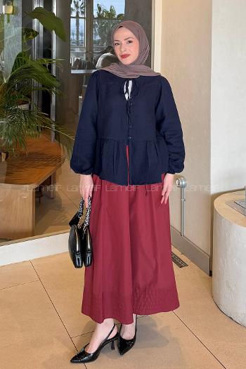 Lamelif V Yaka Kolları Lastikli Müslin Tesettür Gömlek Lacivert
