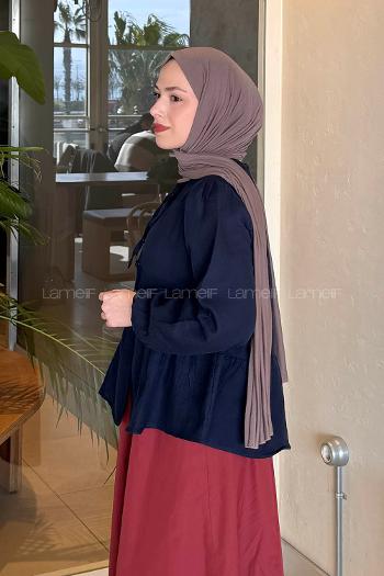 Lamelif V Yaka Kolları Lastikli Müslin Tesettür Gömlek Lacivert
