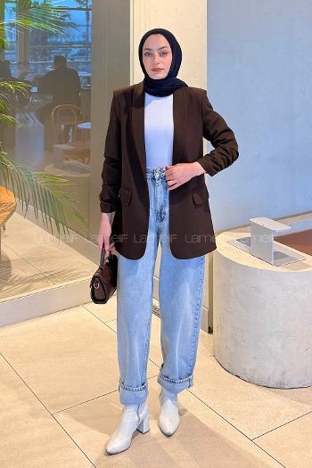 Modalamelif Kolu Büzgü Detaylı Blazer Ceket Acı Kahve