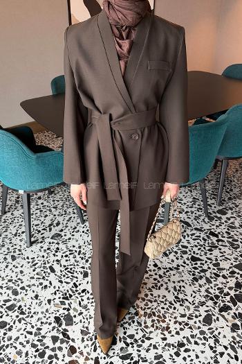 Brown V Neck Long Arm Polyester Regular Trousers Suit
