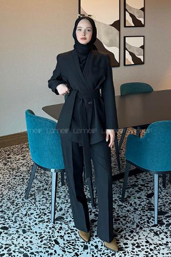 Black V Neck Long Arm Polyester Regular Trousers Suit