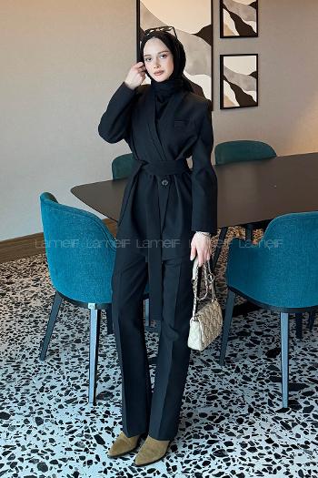 Black V Neck Long Arm Polyester Regular Trousers Suit
