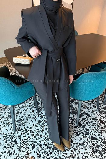 Black V Neck Long Arm Polyester Regular Trousers Suit