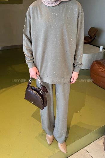 Khaki Crew Neck Long Arm Cotton Regular Trousers Comfortable Suit