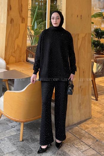 Lamelif Bisiklet Yaka Taş Detaylı Takım Siyah