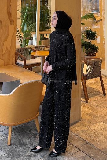 Lamelif Bisiklet Yaka Taş Detaylı Takım Siyah