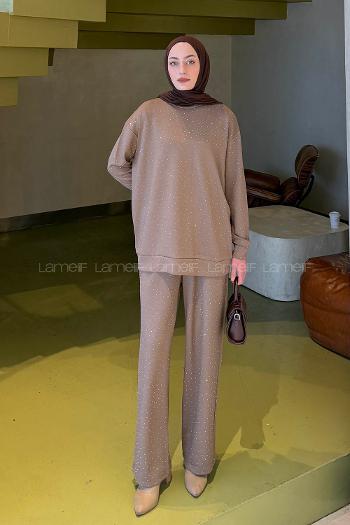 Lamelif Bisiklet Yaka Taş Detaylı Takım Soft Kahve