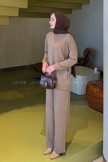 Lamelif Bisiklet Yaka Taş Detaylı Takım Soft Kahve