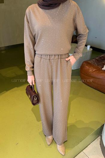 Lamelif Bisiklet Yaka Taş Detaylı Takım Soft Kahve