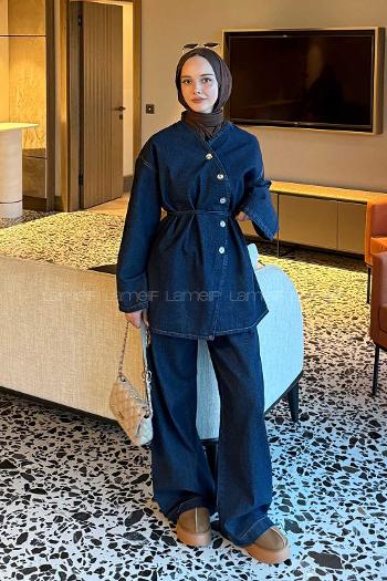 Dark Blue V Neck Long Arm Denim Regular Trousers Denim Suit