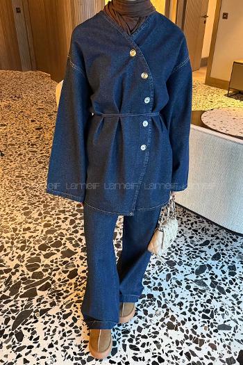 Dark Blue V Neck Long Arm Denim Regular Trousers Denim Suit