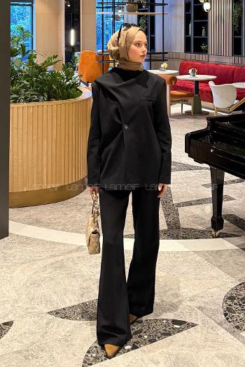 Black Crew Neck Long Arm Atlas Regular Trousers Material Suit