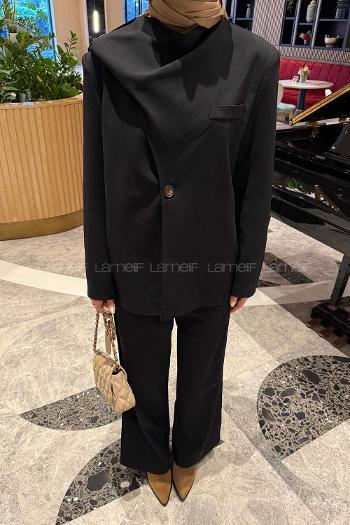 Black Crew Neck Long Arm Atlas Regular Trousers Material Suit