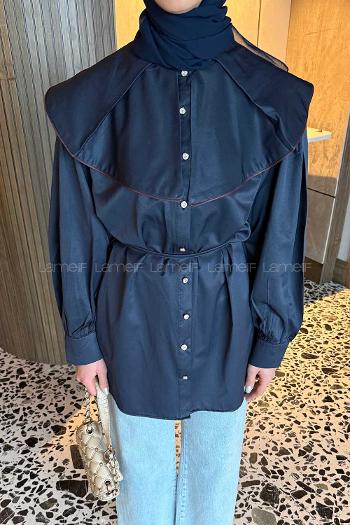 Lamelif Geniş Yakalı Biyeli Gömlek Gece Mavisi