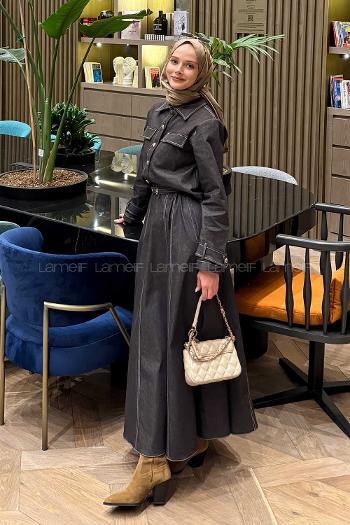 Lamelif Kup Detaylı Kemerli Jile Takım Koyu Kahverengi