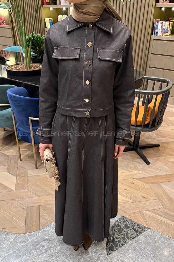 Lamelif Kup Detaylı Kemerli Jile Takım Koyu Kahverengi