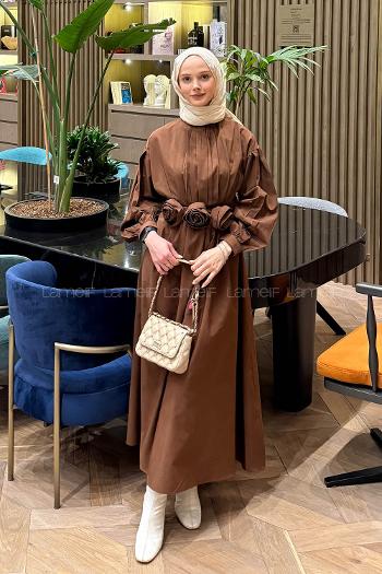 Bitter Brown Crew Neck Poplin Fabric Dresess