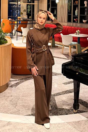 Bitter Brown Crew Neck Long Arm Crepe Fabric Regular Trousers Comfortable Suit