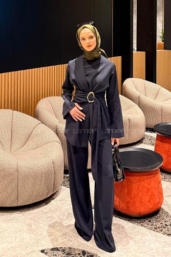 Navy Blue Crew Neck Long Arm Crepe Fabric Regular Trousers Comfortable Suit